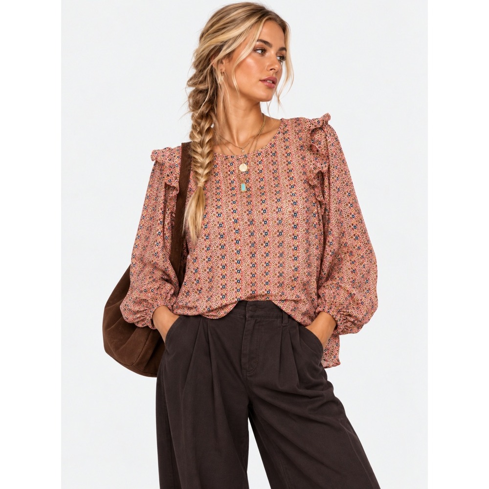 W5 Boho Geometric Ruffle Long Sleeve Blouse Pink Orange Size S